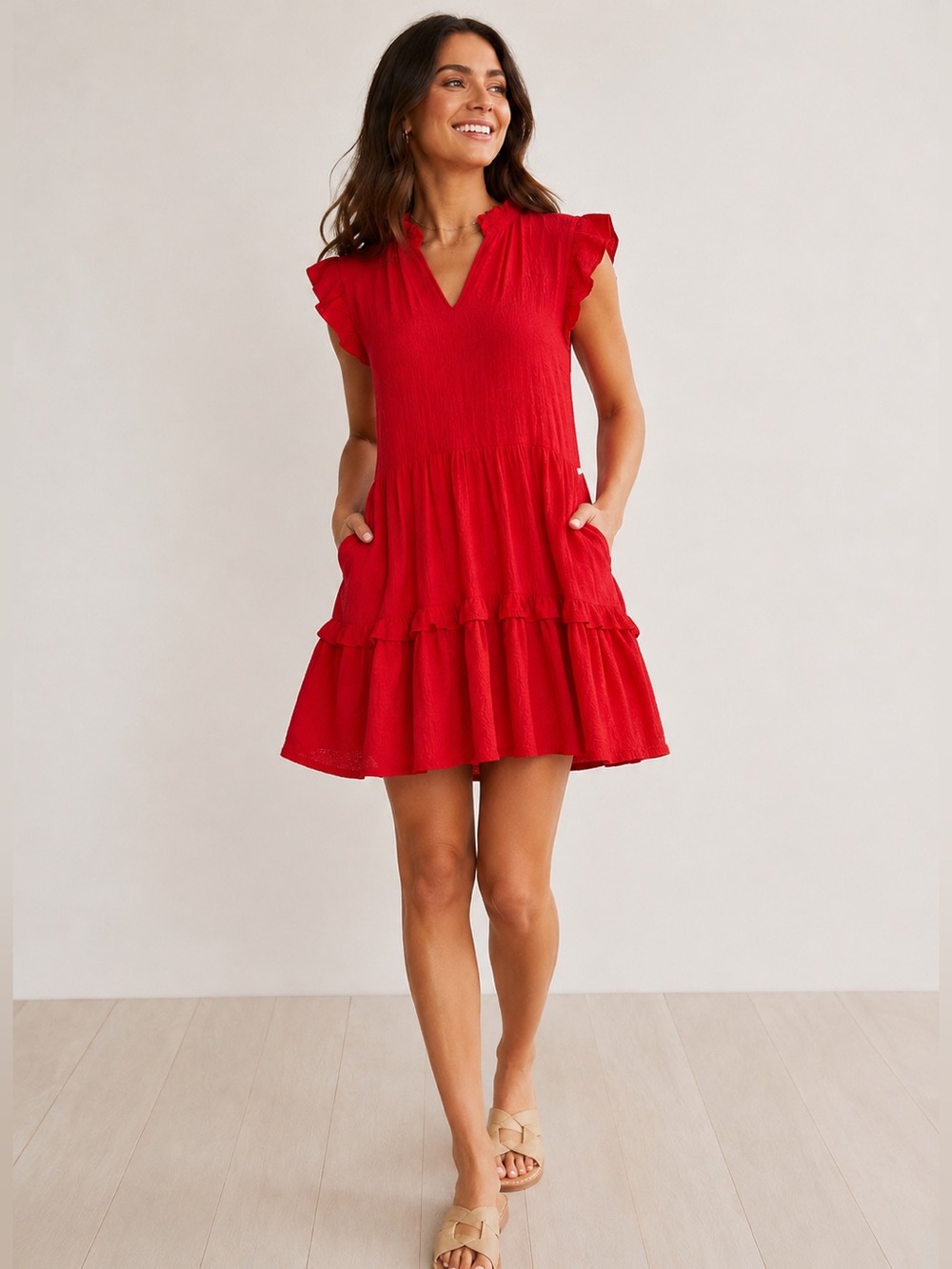 Melanie Lyne Red Linen Blend Ruffle Mini Dress Boho Cottagecore Medium